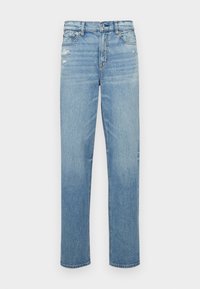 Gai zili džinsi ar brīvu piegriezumu, kas raksturojas ar nedaudz nolietotu dizainu un tradicionālu piecu kabatu izkārtojumu.