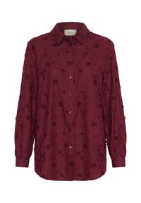 Bordeaux skjorte med lange ærmer, med blomsterbroderi, en klassisk krave og stof med en let struktureret overflade.