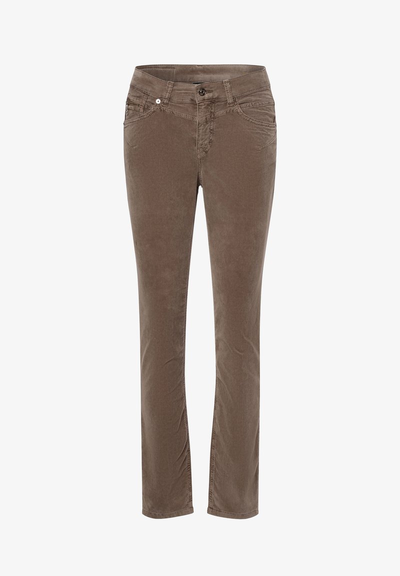 Pantalon en velours côtelé marron avec une coupe droite, muni de poches avant, d'une texture subtile et d'une fermeture par bouton à la taille.