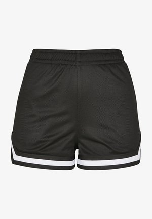 Pantaloni scurți sport negri din material de plasă, cu o talie elastică și dungi albe pe laterale. Materialul are o finisare texturată, respirabilă.