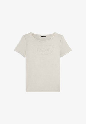 T-shirt gris clair à manches courtes en tissu doux, avec un col rond et un logo "FREDDY" texturé à l'avant.