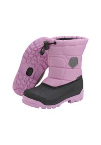 Rosa isolerade vinterstövlar med svarta gummisulor, texturerat mönster och dragsko för justerbar passform. Har logotypdetalj på sidan.