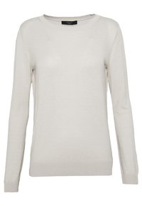 Lichtbeige crew-neck trui gemaakt van zacht gebreid materiaal, met lange mouwen en ribbelstructuur bij de halslijn en de manchetten.