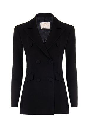 Blazer nero doppiopetto con maniche lunghe, revers a punta, due tasche frontali e bottoni rivestiti in tessuto. Texture liscia, vestibilità su misura.
