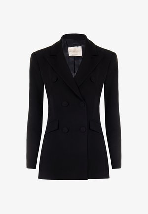 Blazer noir à double boutonnage avec des manches longues, des revers crantés, deux poches avant et des boutons recouverts de tissu. Texture lisse, coupe ajustée.