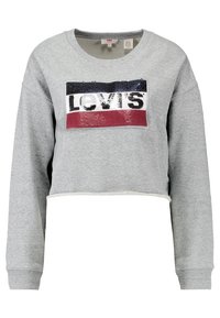 Felpa grigia corta con scollo rotondo. Presenta un logo "LOVIS" multicolore in paillettes sul davanti e polsini a costine.