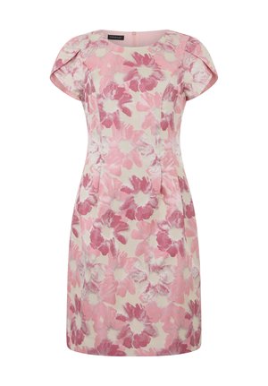 Roze-witte jurk met bloemmotief tot op de knie, korte mouwen en een ronde hals, met een subtiel geplooid ontwerp.