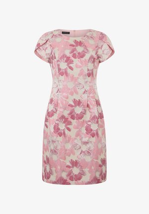 Pink and white floral-patterned knee-length dress with short sleeves and a round neckline, featuring a subtle pleated design.
