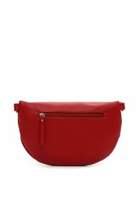 Borsa a mano in pelle rossa con finitura testurizzata, forma arrotondata e tasca frontale con zip. Presenta manici laterali corti per il trasporto.