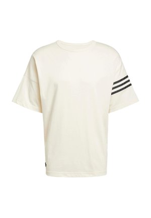 Cream-colored oversized t-shirt made of cotton, featuring a round neck and short sleeves with three black stripes on the left sleeve.