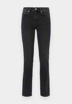 Slim-fit zwarte denim jeans met een medium taille, klassiek vijf-pocket ontwerp en subtiele vervaging langs de benen.