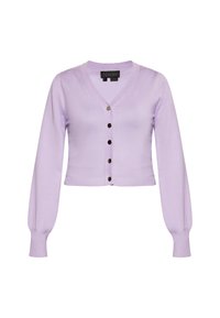 Cardigan cropped color lavanda in morbido tessuto a maglia, con scollatura a V, maniche lunghe e cinque bottoni neri davanti.