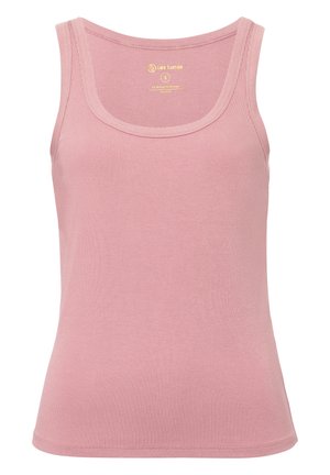 Jasnoróżowy, ribbowany top na ramiączkach z okrągłym dekoltem i szerokimi ramiączkami. Miękka tekstura i dopasowany krój. Wewnątrz widoczna metka marki.