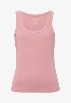 Jasnoróżowy, ribbowany top na ramiączkach z okrągłym dekoltem i szerokimi ramiączkami. Miękka tekstura i dopasowany krój. Wewnątrz widoczna metka marki.