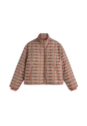 Giubbotto imbottito in un pattern a scacchi con quadrati rosa e verdi, dotato di un collo alto, chiusure con zip e due tasche frontali.