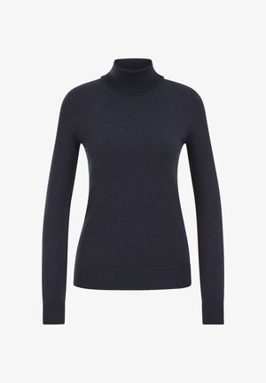 Pull marin à col roulé, manches longues, poignets et ourlet côtelés, fabriqué à partir d'un tissu doux et lisse avec une coupe ajustée.