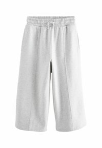 Lysegrå svedshorts lavet af blødt stof, med elastisk talje med snor, sidelommer og en afslappet pasform.
