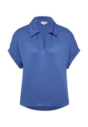 Korte mouwen, blauwe blouse met een kraag en een V-vormige opening. Gladde textuur en een relaxte pasvorm. Subtiele zijnaaddetail.