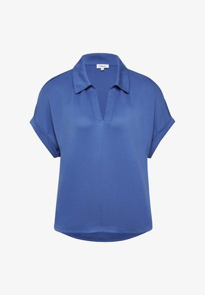 Korte mouwen, blauwe blouse met een kraag en een V-vormige opening. Gladde textuur en een relaxte pasvorm. Subtiele zijnaaddetail.
