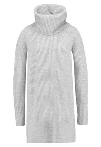 Vaaleanharmaa ribbimekko, jossa on cowl-kaulus ja pitkät hihat. Pehmeä rakenne, hieman ylisuuri istuvuus ja kaksi etutaskua.