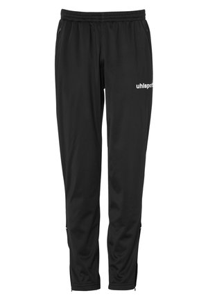 Zwarte sportbroek met elastische tailleband, zijzakken, taps toelopende pijpen en wit "uhlsport"-logo op de bovenste linker dij.