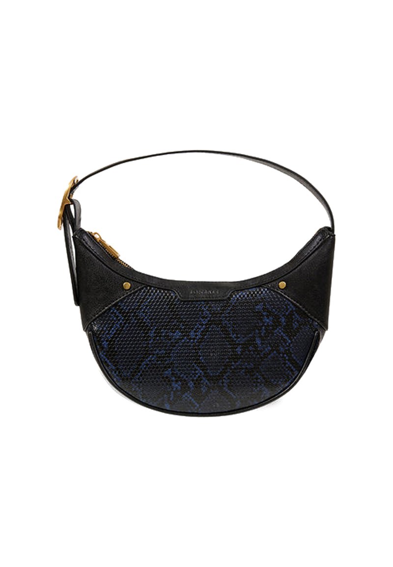 Black and blue snake-print crossbody bag with a curved design and a gold zipper, resting against a neutral background.