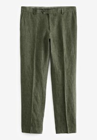 Olive green linen blend trousers with a smooth texture, straight leg design, and a button closure featuring belt loops and side pockets.