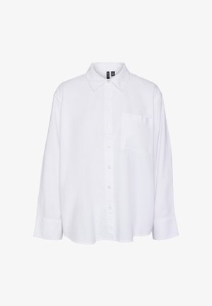 Camicia bianca a maniche lunghe con colletto, chiusura con bottoni sul davanti, taschino singolo sul petto, vestibilità comoda e tessuto morbido.