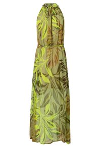 Robe longue sans manches en tissu vert transparent avec un motif botanique de feuilles jaunes et marron, dotée d'un décolleté noué et d'une ceinture.