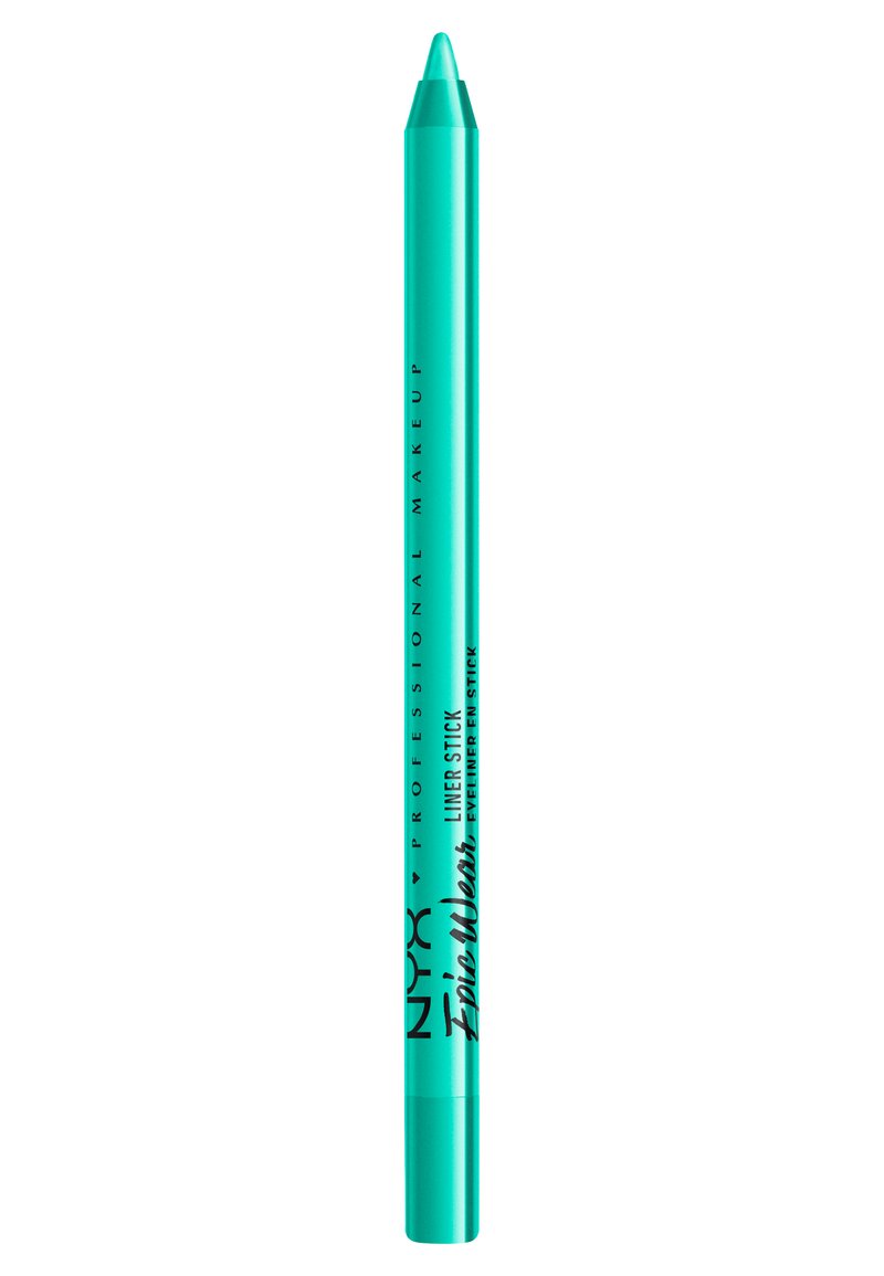 NYX Epic Wear Liner Stick i lys teal, snygg kropp, spetsig spets. Svart textlogotyp längs sidan, slät yta.