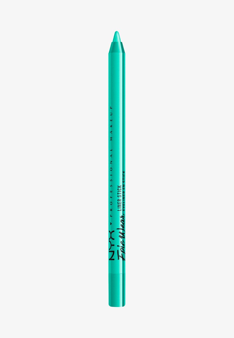NYX Epic Wear Liner Stick i lys teal, snygg kropp, spetsig spets. Svart textlogotyp längs sidan, slät yta.