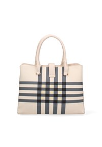 Borsa beige con un motivo a quadri scuri, dotata di due manici e una chiusura superiore. Realizzata in materiale sintetico, con una superficie liscia.