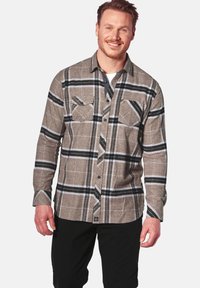 Braun und schwarze karierte Flanellhemd mit zwei Brusttaschen, Knopfverschluss und langen Ärmeln, aus strukturiertem Stoff gefertigt.