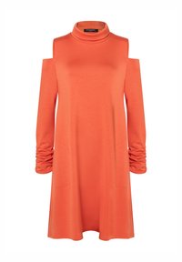 Orangenes langärmliges Kleid mit hohem Kragen, Cutouts an den Schultern und gerafften Ärmeln. Hergestellt aus weichem Stoff mit seitlichen Taschen.