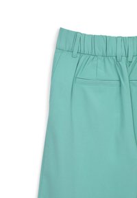 Pantalon vert d'eau clair avec une ceinture élastique, des plis et une poche arrière. Confectionné dans un tissu lisse, avec des détails de couture minimaux.