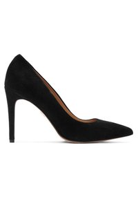 Juodas zamšinis aukštakulnis batelis su smailiu priekiu ir elegantiška siluetu. Yra lygi tekstūra ir plonas stiletto kulnas.