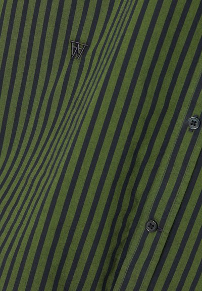 Green and black striped shirt with a lightweight fabric, featuring a button closure and embroidered logo. Vertical stripes accentuate design.