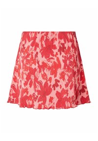 Mini-jupe plissée rouge et rose à motifs floraux, forme trapèze et ourlet ondulé.