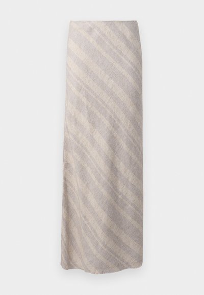 Gonna al ginocchio in un tessuto beige chiaro con righe diagonali più chiare. Texture subtili, finitura senza cuciture e forma rilassata.