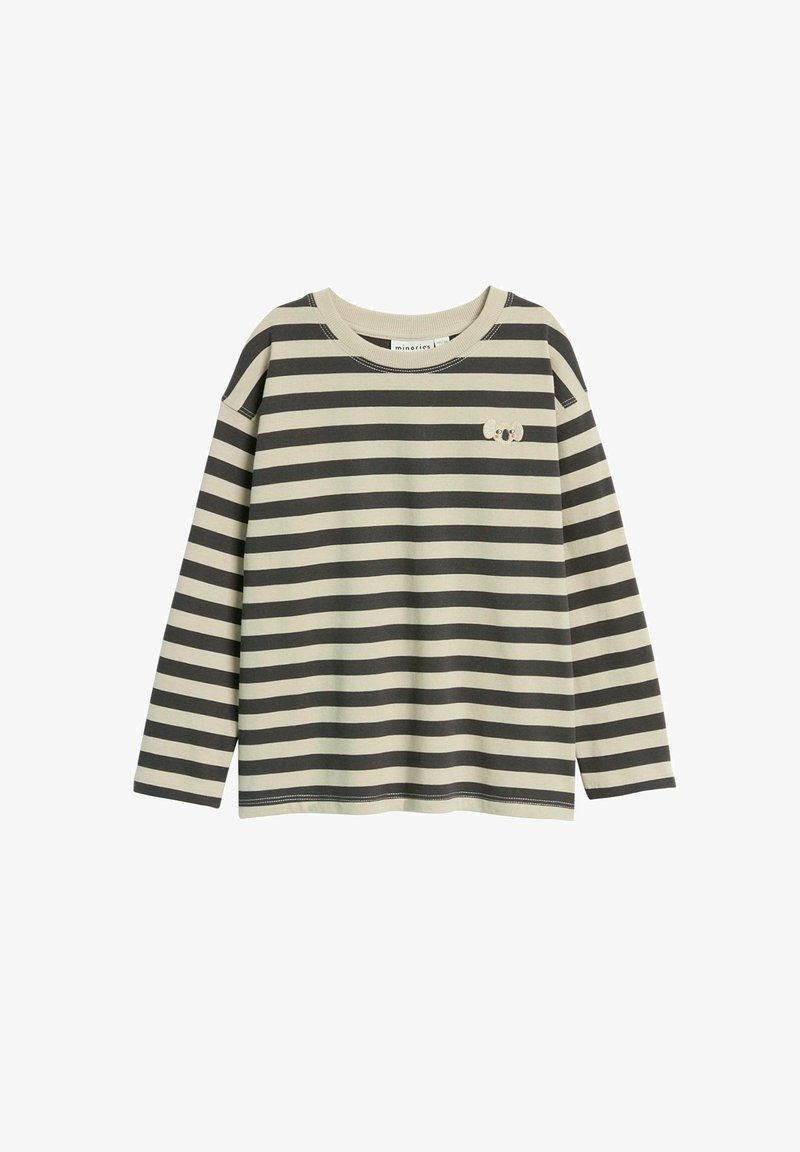 Gestreiftes Langarmhemd in Dunkelgrün und Creme, aus weicher Baumwolle mit rundem Halsausschnitt und kleinem Koala-Stickerei auf der Brust.