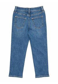 Jeans in denim blu con design a gamba dritta, due tasche posteriori e una consistenza liscia. Presentano una vita standard e cuciture visibili.