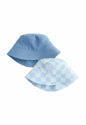 Dve klobúky typu bucket: jeden jednotnej svetlomodrej farby, druhý svetlomodrý s károvaným vzorom. Oba majú široké okraje a textúrovanú látku.