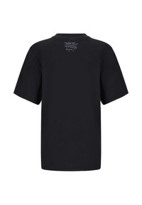 Black short-sleeve cotton t-shirt featuring a crew neckline and a small white logo print on the back near the neck.