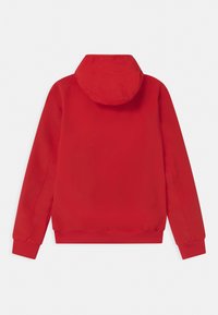 Rode gewatteerde jas met capuchon, elastische manchetten en zoom, met een gladde, glanzende textuur en een eenvoudig ontwerp. Achteraanzicht zonder extra details.