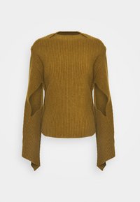 Raitti keltainen neule, jossa on leveät hihat ja leikkaukset sivuilla. Ominaisuuksiin kuuluu pyöreä kaula-aukko ja kapea siluetti. Rakenteellinen kangas.