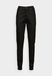 Jeans de mezclilla negra de corte ajustado, con un cierre clásico de botón y cremallera, diseño de cinco bolsillos y detalles de costura mínima.