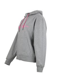 Sweat à capuche gris avec une poche frontale, doté de cordons de serrage roses et de texte brodé. Fabriqué en tissu doux avec une coupe décontractée et des poignets côtelés.