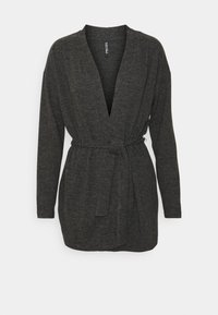 Mörkgrå långärmad cardigan med V-ringning och bälte. Tillverkad av mjukt tyg, med en avslappnad passform och öppen frontdesign.