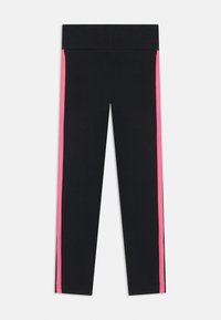 Leggings noirs avec une large taille, présentant de vives rayures rose sur les côtés. Fabriqués à partir d'un tissu lisse et extensible avec une coupe ajustée.