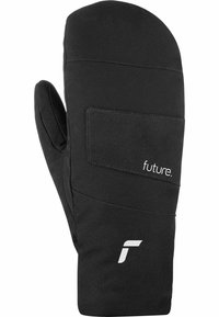 Schwarzer isolierter Handschuh mit glatter Stoffoberfläche, verstärkten Nähten, flachem Handflächenbereich und einem Logo im Handgelenkbereich.